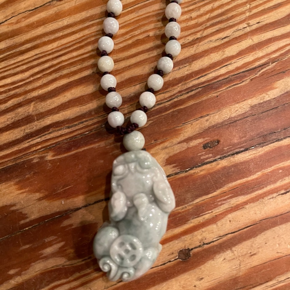 SJ PEARL Bold Natural Jade Beaded Necklace with a Natural Jade Dragon.